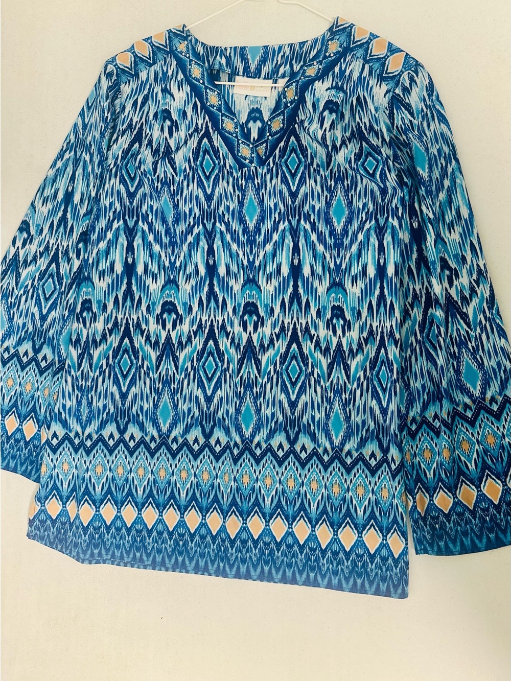 Belle by Kim Gravel Blue Teal Geometric V-Neck Tunic with Yellow Accents